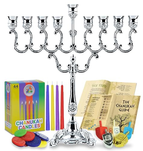 Hanukkah Menorah Complete Set - Menorah - Candles - Dreidels - Chanukah Guide