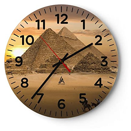 Modern Wanduhr Pyramide ägypten wüste 30x30cm Rund Klein Wand Uhr Glas Analog Zimmeruhren Küche Büro Wohnzimmer Glasuhr Wall Clock Dekoration Design Wanddekoration Küchenuhr C4AR30x30-2196