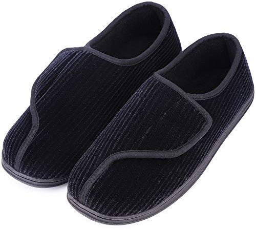 LongBay Men's Memory Foam Diabetic Slippers Comfy Warm Plush Fleece Arthritis Edema Swollen House Shoes (11, Black)
