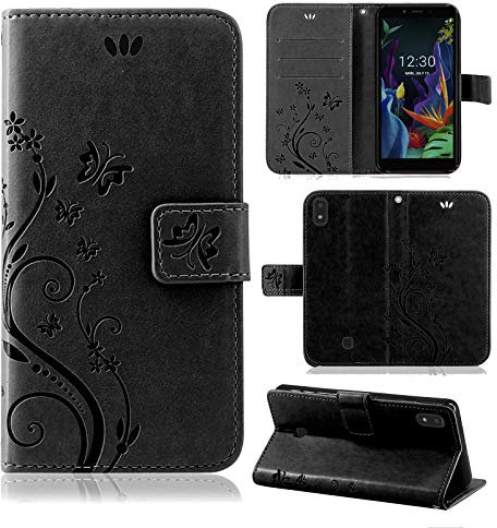 betterfon Hülle Kompatibel mit LG K20 | Premium PU Leder Handyhülle Wallet Case für K20 | Schutzhülle Blumen Klapphülle Handyhülle | Schwarz
