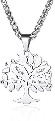 Custom4U Collier Personnalisé 4 Prénoms, Pendentif Arbre de Vie en Acier Inoxydable,Bijoux Gravé Noms de Famille,Enfants,Chaine Ajustable 55+5 cm,Cadeau Anniversaire Femme Maman,Grand Mère