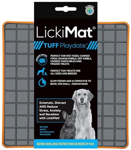 Lickimat Tuff, Heavy-Duty Playdate, Dog Slow Feeder Lick Mat, Boredom Anxiety Reducer; Perfect for Food, Treats, Yogurt, or Peanut Butter, Fun Alternative to a Slow Feed Dog Bowl, Orange
