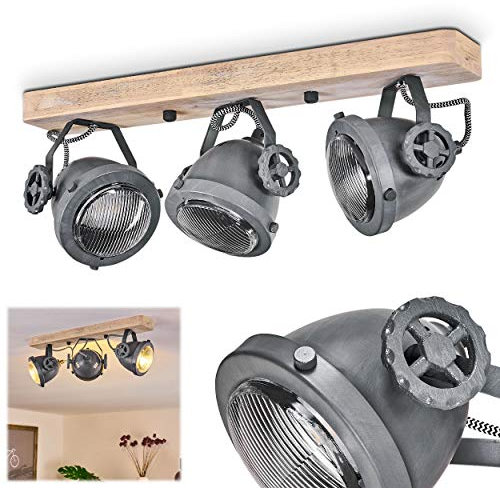 Deckenleuchte Herford, verstellbare Deckenlampe aus Metall/Holz/Glas in Grau/Braun/Natur, 3-flammig, 3 x GU10-Fassung, dreh- u. schwenkbarer Spot im Retro Design, ohne Leuchtmittel