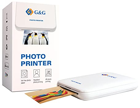 G&G Mini Pocket Photo Printer GG-PP023 Photo Printer with AR Photos, 5 x Self-Adhesive Photo Paper Zinc App for iOS and Android, Bluetooth, Instant Printing, Inkless (Printer
