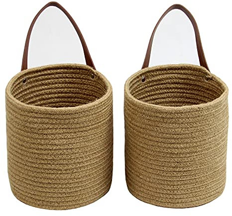 Casaphoria Jute Hanging Basket With Handle - Small Woven Fern Rope Planter for Flowers and Plants - Wall Decor Set Boho, 7 x 7 x 7.9, Pack of 2