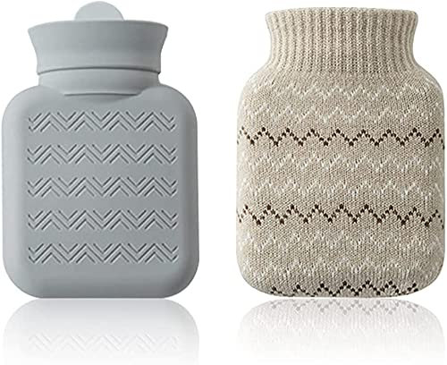 Baby-Wärmflasche mit Strickbezug, Tragbarer Mini-Silikon-Handwärmer, Mikrowellenheizung Verfügbar, Wärmflasche für die Wärme- und Kältetherapie, Fit für Kinder und Erwachsene (Grey)
