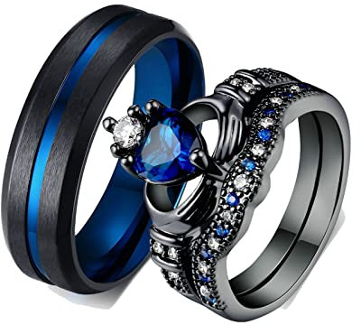 ANAZOZ 2 Stück Eheringe Paarpreis Edelstahl Vergoldet 6mm Breit Gebürstet Krone Solitär Diamantring Blau Claddah Ringe Paar Bandringe Herren Ring Schwarz Frau:62 (19.7) & Mann:57 (18.1)