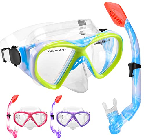 Kids Snorkel Set Dry Top Snorkeling Gear for Kids Youth Boys Girls Junior Age 5-15,Tempered Glass Swimming Diving Mask and Snorkel Set 180 Degree Panoramic View (Blue)
