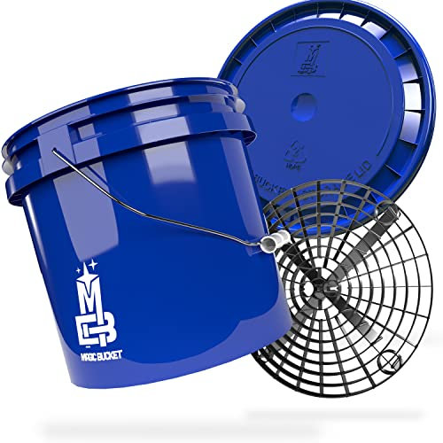 MAGIC BUCKET | Auto Handwäsche Bundle | Wascheimer mit passendem Eimer Deckel 3,5 US GALLONEN ca. 13 Liter | Mit Grit Guard Eimereinsatz Schmutzsieb | Waschset Blau/Schwarz