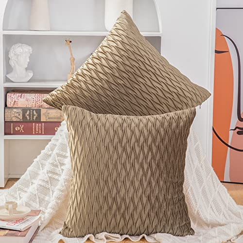 Madizz 2er Set Samt Dekorativ Zierkissenbezüge Luxus Stil Kissenbezug für Sofa für Schlafzimmer Hellbraun 50x50 cm Quadrat