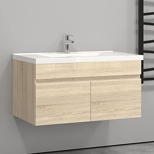 HAPAOSO Waschtisch mit Unterschrank 80 cm Breit Eiche Badmöbel Set Hängend 2 Soft-Close Türe MDF-Platte