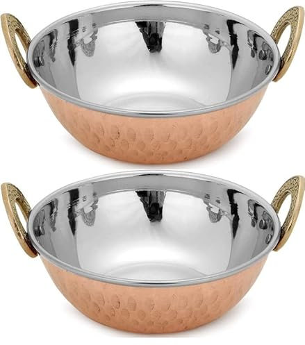 Nobel Balti Serving Dish, Hammered Polished Copper & Stainless-Steel Inner Layer Kadai for Currys Meal Double Insulated Dishes- Set of 2 (13 cm (5 1/8 Inches))