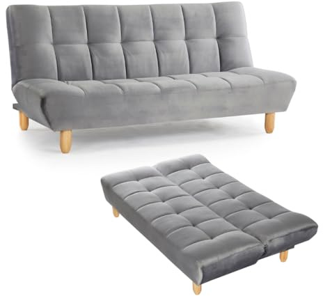 Home Detail Macey 3-Seater Sofa Bed, Grey Velvet | Sofabed, Clic Clac, Wooden Legs, Tufted Back