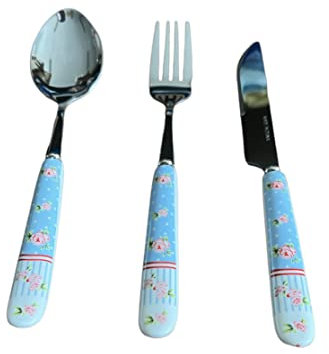 ECHE HOME SET DI POSATE IN CERAMICA 18 PZ PER 6 PERSONE CUCCHIAIO FORCHETTA COLTELLO 3 FANTASIE ELEGANTE DISEGNI FLOREALI (Azzurro)