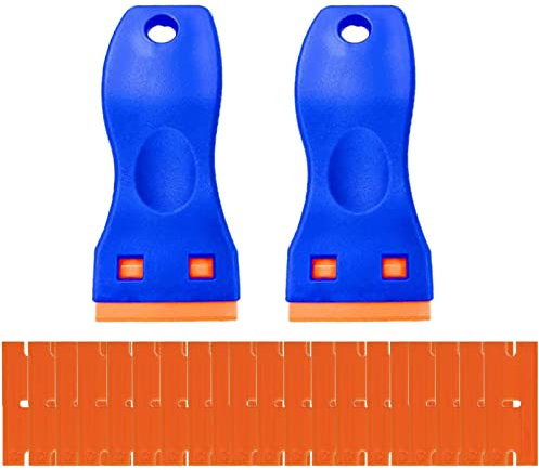 A Pack of 2 mini Plastic scrapers with 20 Plastic Blades, Plastic Scraper, Adhesive Residue Remover for Removing Glass Window Stickers and car Stickers, Label Remover