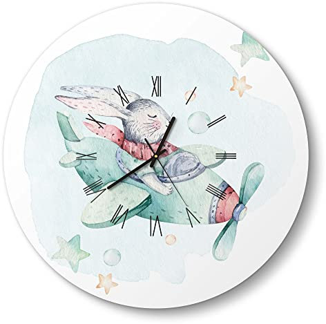 DEQORI Glasuhr | rund Ø 50 cm | Motiv Hase im Flieger | große XXL Design Uhr aus Glas | leise Wanduhr für Wohnzimmer & Küche | Moderne Hingucker Uhr für die Wand