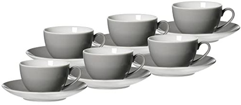 Ritzenhoff & Breker Doppio Kaffeetassen mit Untertassen, 6er Set, 200 ml, Grau, Porzellan, Buntes Mix-und-Match-Geschirr