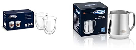 Delonghi 5513214601 Cappuccino Thermo Glasses, Transparent, 270 ml, 2 Count (Pack of 1) & DLSC060 ECO 311.W/BK/R/B milk jug, 18/8 stainless steel, 350 ml