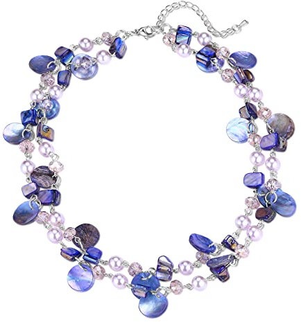 FULU AUTUMN Donne Collana di Conchiglie in Argento a Strati Collane Bohémien Corte Collana Girocollo con Perline Turchesi Regali Compleanno(Purple)