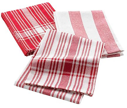 Douceur d'Intérieur, 3 Torchons (50 x 70 cm) Bayado Rouge, Coton Tissé