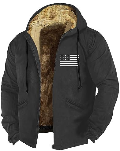 RMBLYfeiye Jacke Herren Winter Parka Winterjacke Usa Flagge Druck Gefütterte Mit Reißverschluss Fleece Futter Sweatjacke Kapuze Arbeitsjacke