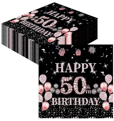 GROVBLE Servietten 50 Geburtstag,40 Stück Papierserviette Mädchen Happy Birthday Servietten Decorations,Schwarz Rosé Gold Tischdekoration für Party Geburtstag,Happy 50th Birthday Paper Napkins (dd)