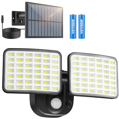 YTKIH Wiederaufladbare Batterie Lichter 3 Monate Ausdauer, Solarlampen für außen mit bewegungsmelder Unterstützt Solar & USB Aufladung, 3000LM LED Solar Strahler für Garage, Garten, Hof, Haustüren