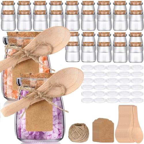 FoldTier 30 Pcs Small Glass Jars with Cork Lids Spoons 3.4 oz Mini Yogurt Jars with Lid Pudding Jars Glass Favor Containers for Candy Cake Jam Honey Wedding Favor with Label Tag String