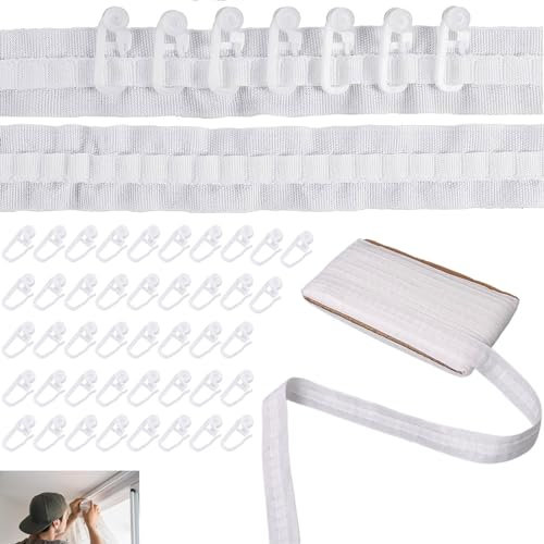 Gardinenband Kräuselband, 30m x 2,5cm Faltenband Falten, Abnehmbar Gardinenband, mit 50 Stück Vorhanghaken, für Vorhängen, Hängenden Tüchern und Duschvorhängen, Weiß