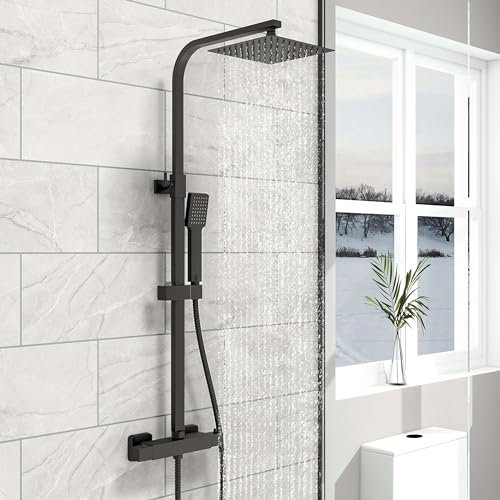 AICA Colonna Doccia con Miscelatore Termostatico, Kit Doccia con Soffione e Doccetta, Rubinetto Doccia da Muro, Saliscendi Doccia Regolabile 735-1150mm, Soffione Quadrato 20x20cm Nero