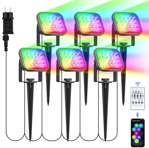 NATPOW Gartenbeleuchtung mit Strom, 6 Stück RGB Gartenleuchte mit Erdspieß, Farbwechsel Gartenstrahler mit Fernbedienung Bluetooth APP, IP65 dekoratives Gartenlampe für Garten Rasen Pfad Außen