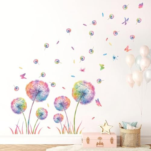 KAIRNE Wandtattoo Pusteblume,Blumen Wandtattoo für Kinderzimmer Mädchen,Bunt Wandsticker Löwenzahn für Schlafzimmer,Pflanzen Blumen Wandaufkleber für Wohnzimmer Babyzimmer Küche Fenster Tür Wanddeko