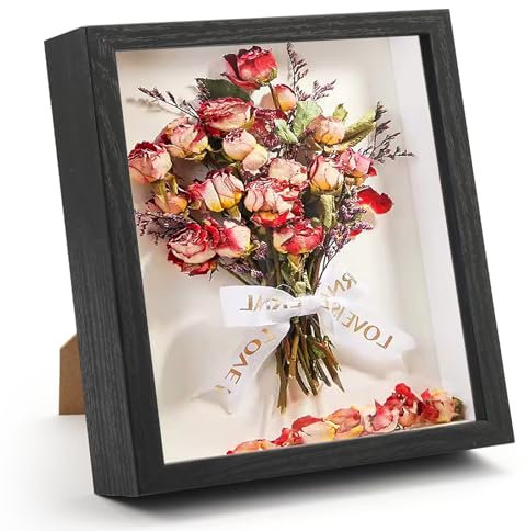 Marco para Flores Secas, 3D Marco de Rellenar Objetos de Hasta 3 cm, 22 × 22 cm Marco Rectangular Negro, Marco Profundo con Cristal para Objetos, Fotos, Obras de Arte, Recuerdos, Boda, Flores