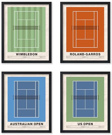 Poster Master 4-teiliges Sportposter - Tennis-Druck - Tennisplatz-Kunst - Sportturnierkunst - Grand Slam - US Open - Australian Open - Wanddekoration für Fitnessstudio oder Büro - 28,9 x