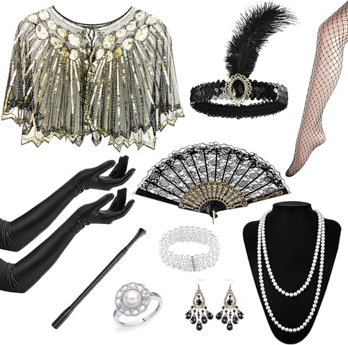 Beamely 1920er Flapper Vintage Accessoire Set, Great Gatsby Accessoire Set Roaring 20er Themen-Outfit mit Paillettenfransen Perlenschal Kopfbedeckung für Damen