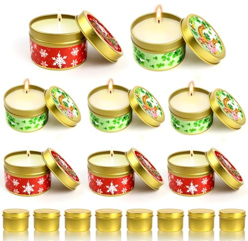 Weihnachts Duftkerzen Geschenkset, 8 Stück Weihnachtskerzen Geschenkset, Tragbare Kerzen in Blech Gläsern, Weihnachts Advent Geschenkset für Frauen, DIY mit Glückssymbolaufklebern, ohne Duft