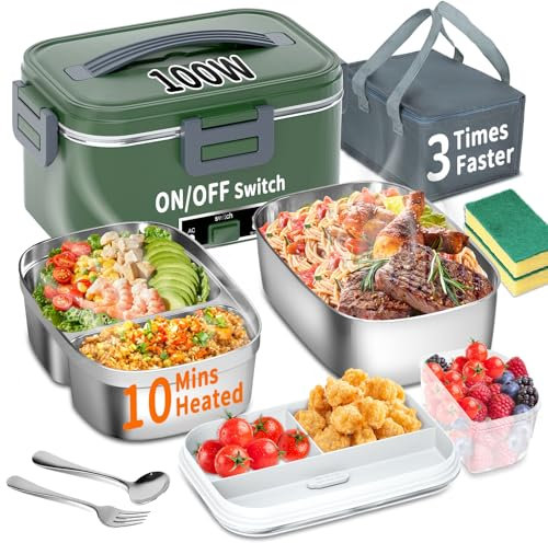 Electric Heated Lunch Box - 100W 3 in 1 Fast Heating Portable Adult Lunch Box with 2 Containers (Single & Compartment), Leakproof Compartment Lid for Car, Truck,