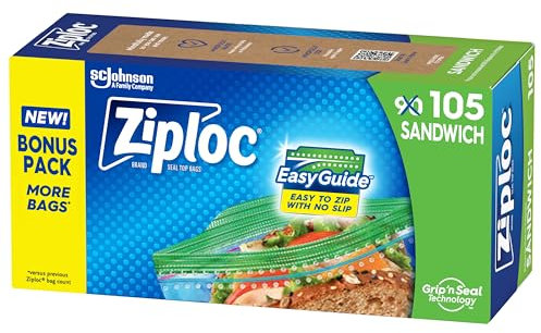 Ziploc EasyGuide Textured Sandwich Snack Bags Plastic Storage Bags with Grip 'n Seal Technology 105 Bags Total