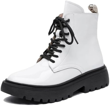 Niiyyjj Stivaletti da donna in vera pelle lucida, con lacci e cerniera, stivali da moto, Pile bianco, 42 EU