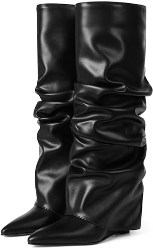 Oiamenne Women's Fold Over Boots Slouched Knee High Boots for Women Wedge Heel Pointed Toe Tall Boot Wide Calf Pull-on