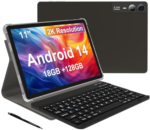 Tablet mit Tastatur, Android 14, 2000 x 1200, 2 K Display, Tablets, PC, T616 Octa-Core 2,0 GHz, 18 GB RAM, 128 GB ROM, 1 TB erweiterbar, 5 m + 5 m + 13 MP AI-Kamera, 9000 mAh Akku, WLAN, Bluetooth,