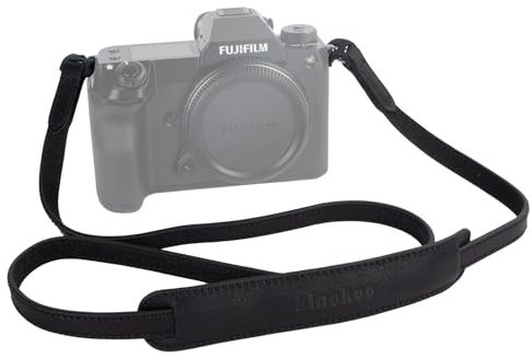 MUZIRI KIINOKOO Schultergurt für Kameras aus echtem Leder mit Dreiecksringen, kompatibel mit den meisten Kameras mit runden Anschlusslöchern – Länge 110 cm – Schwarz