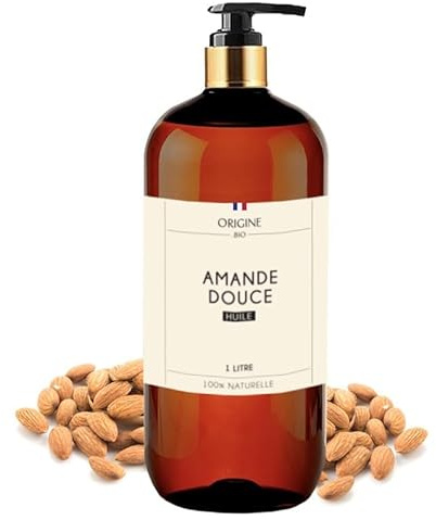 Origine - Huile d'Amande Douce 1 Litre - Marque Française - Excellente Qualité Pressée à Froid - Flacon Pompe - 100% Naturelle Huile Amande Douce Cheveux - Peau Corps Visage Massage Vergeture