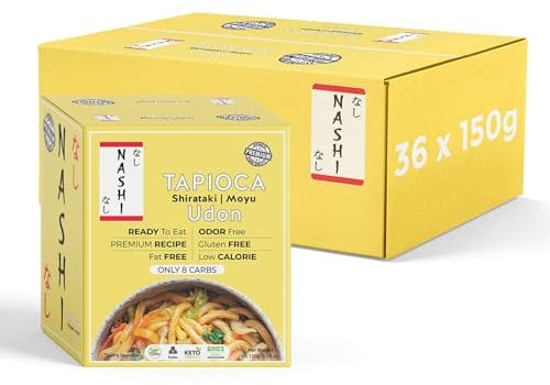 Nashi Tapioca Shirataki Noodles (Udon, Pack of 36 x 150g), Vegan, Instant Japanese Noodles, Low Carb, Low Calorie, Gluten & Fat Free, Odorless, Ready to Eat, Healthy Keto Diet Food