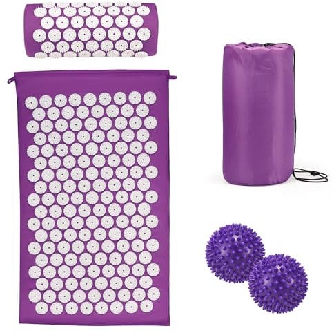 Tapis d'acupression avec coussin contre le cou et les maux de dos, tapis de presse à batterie pour la thérapie magnétique, sac de transport et deux boules de massage pour femmes et hommes - Violet
