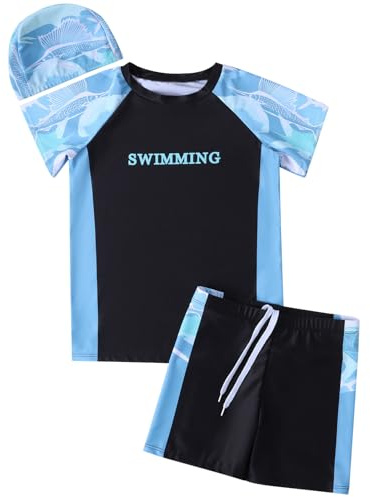 Hotfiary Boys Swimming Costume, Big Kids Swim Trunks & Short Sleeve Rash Guard Shirt & Swim Cap, Two Piece Swimsuit T-Shirt Short Set, Summer Bathing Suit Swimwear for 6 7 8 9 10 11 12 13 14 15 Years
