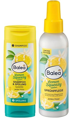 Balea 2er-Set Lemon Squeezy Haarpflege: Twinpack Shampoo & Spülung für jeden Haartyp, sommerlich-erfrischender Duft, Format ideal für unterwegs, 100 ml + Sprühpflege Sprühkur intensiv, 150 ml (250 ml)