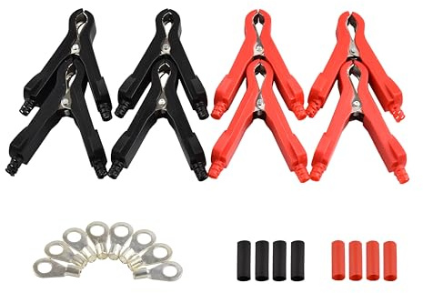 Heavy Duty Alligator Clamps 4 Pairs, Jump Cable, Battery Charger, Inverter, car Audio Clips Clamps with 8pcs Installing terminals, Shrinking Tubes Ideal for 8/10/12/14 Gauge Cables (20A)