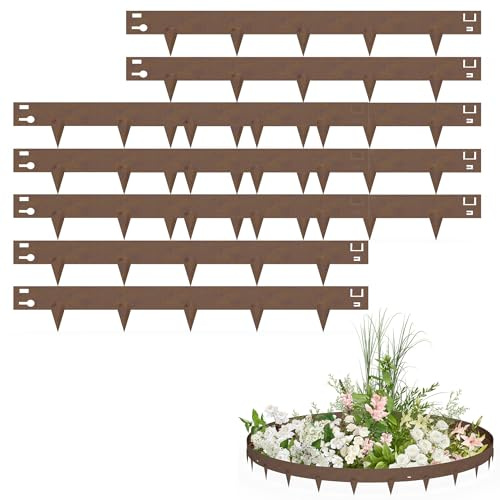 PEILU Rasenkanten 16cm Hoch Verzinkt Stahl Beeteinfassung Garten Beetumrandung mit Spikes 10 Stück 106cm Mähkante Wurzelsperre Palisaden Metall Rasenkantenband für Wege, Rasenflächen (Braun)
