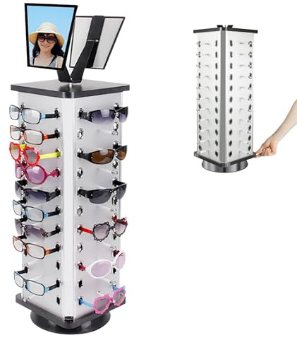 KigerNee Drehbarer Brillenständer mit 360° Rotation & Spiegel - Starker Metallhalter Organizer für 44 Paar Brillen/Sonnenbrillen - Schwarzer Design Ständer 23x86cm, 10kg Tragkraft, Metall/Holz